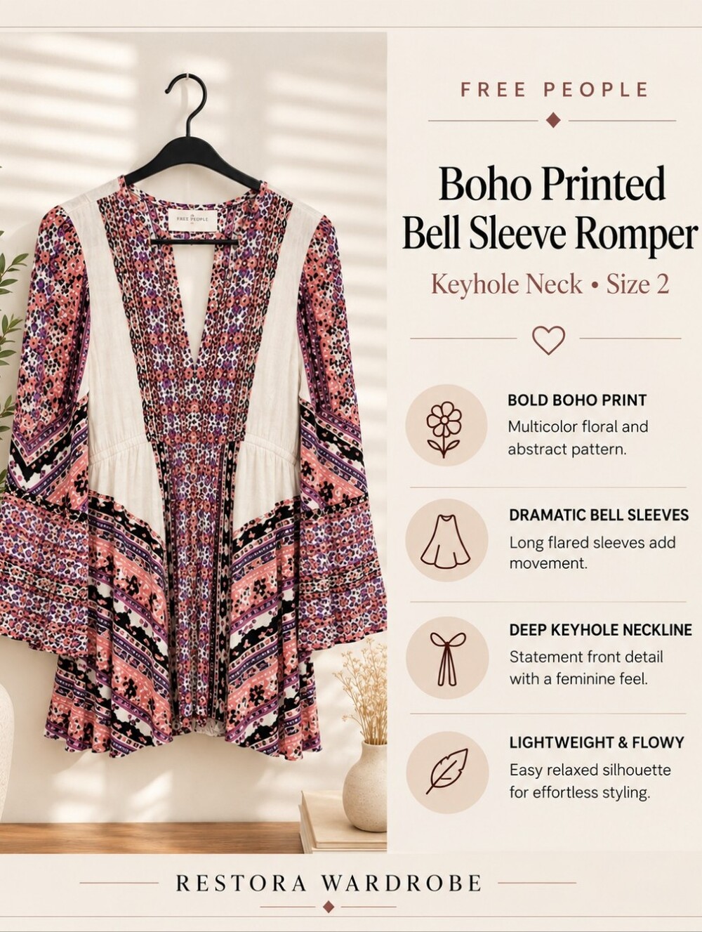 Free People Pink Purple Floral Bell Sleeve Romper Boho Festival Size 2